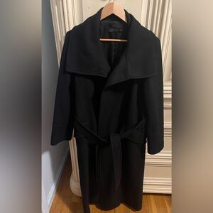 Zara Women’s Black Long Belted Coat. Wool Blend Size XL